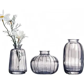 Famanu Mini Vasen Set - Graues Glas, 3 kleine Blumenvasen für Tisch, Hochzeit und Geschenk