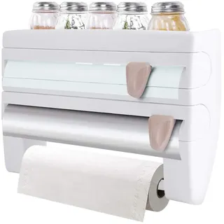 Küchenrollenhalter mit 3 Rollen, Papierhandtuchhalter, Folienschneider, Gewürzablage, Wandmontage, Weiß