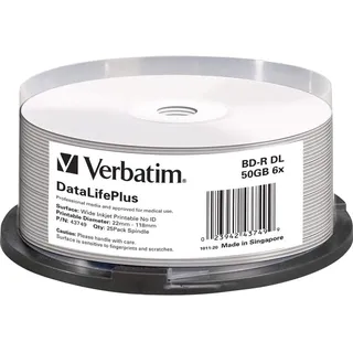 Verbatim 25 GB 6 x Blu-ray Single Layer Recordable Disc BD-R, 10 Scheiben Spindel 97238 – weiß 25pk Spindle