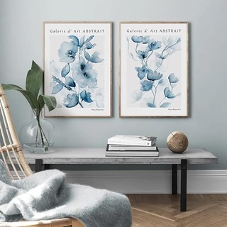 Herfair 2er Premium Poster Set, Blau Blumen Aesthetic Bilder Wandbilder, Blumen Bild Kunstposter, Leinwandbilder, Wohnzimmer Schlafzimmer Deko, Ohne Rahmen (30x40cm)