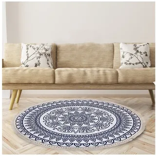 Sunicol Teppich Vintage Quaste Marokko Rund Teppich, Geometrische Bodenmatte, Waschbar, Boho Flachgewebe Teppich für Wohnzimmer, Schlafzimmer, Eingang, Garten blau Ø 160 cm