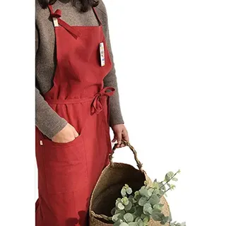 UHEIM Hochwertige Schürze aus Leinen, Einheitsgröße, verstellbare Küchenschürze mit großer Tasche, 9 Farben für Damen und Herren, Kittel für Frauen, japanischer Koch-Stil, Schürze für Köche (rot) - Einheitsgröße