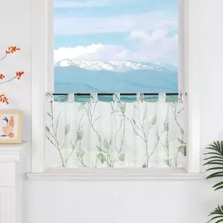 Delien Scheibengardinen Küche Für Fenster Wohnzimmer Kinderzimmer Voile Gardine Kurzstore Bistrogardine Mit Blattmuster,Transparent,Lichtdurchlässig,Mit Schlaufen,Grün,BxH 120x60cm