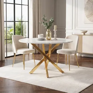 STILVORA Esstisch mit runder Tischplatte in Marmoroptik,Couchtisch mit vergoldeten Beinen,Beistelltisch im modernen minimalistischen Stil, Gold + W... - Gold