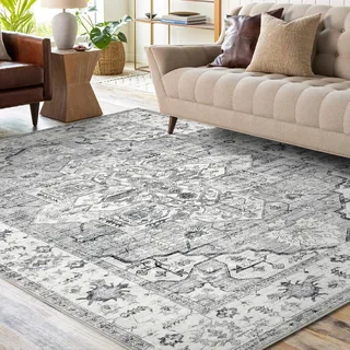 Maschinenwaschbarer Teppich, 160 x 230 cm, Wohnzimmerteppich, groß, Vintage-Teppich für Schlafzimmer, rutschfest, weich, Niederflorteppich, traditioneller Teppich, Heimdekoration, Büroteppich, Grau