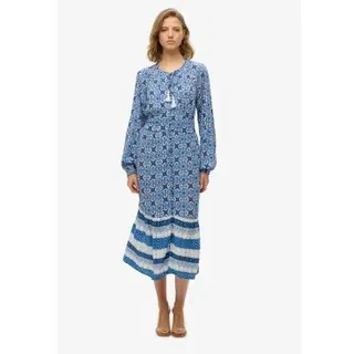 Superdry für Damen. W8011887A Blau bedrucktes Midikleid (XS), Lässig, Langarm, Bio-Baumwolle, Nachhaltig