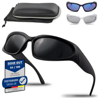 Netrox® Sonnenbrille - Sportbrille mit ETUI und Mikrofaser Beutel - Sonnenbrillen verspiegeltem Glas in drei Farben UV400 Schutz - Schnelle Rave Techno Sport Brille - Damen und Herren - Schwarz - Einheitsgröße