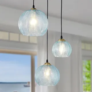 TMKOO 3-Flammige Glas Pendelleuchte Kronleuchter Mit Kugelschirm Handgeblasene Glaskugel Pendelleuchten Höhenverstellbare Esstisch Hängelampe Für Kücheninsel Treppenhaus Wohnzimmer(Blau)