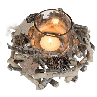 Adventsgesteck Windlicht mit Holzkranz Glitzer Natur klein - als Adventskranz/Weihnachtstischdeko UVM.