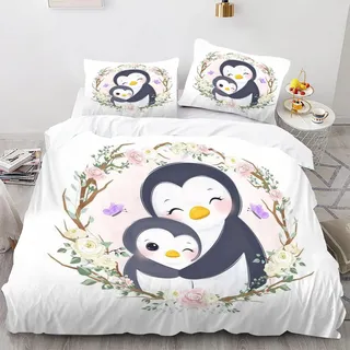 CHEFFS Pinguin Bettwäsche 135x200 Kinderbettwäsche Pinguin für Jungen Mädchen Biber Bettwäsche Set mit Pinguin 135 x 200 cm 3D Drucken Mit Reißverschluss (135 x 200 cm,2)