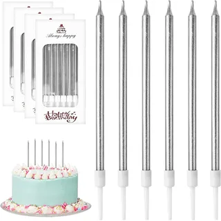 DONQL Geburtstagskerzen Für Torte, 24 Stück Kerzen Geburtstag (Silber) | Dünn und Lang, Geruchsfrei, Mit Ständer, Ideal für Geburtstage, Hochzeitsfeiern, Brautduschen, Babyduschen uvm