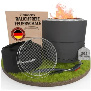 Heimfleiss® Feuerschale Rauchfreie Feuerschale mit Grillrost aus Edelstahl, Schwarz: Low-Smoke Feuerstelle Ø50cm mit Grillzubehör schwarz