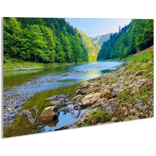 Wallario Schlüsselbrett Fluss in den Bergen an steinigem Ufer, (inkl. Aufhängeset), 30x20cm, aus ESG-Sicherheitsglas gelb