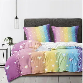 DXHOME Bettwäsche 135x200 Herzen Bunt Regenbogen Bettbezug Mädchen Bettwäsche mit Herzen 2teilig Wendebettwäsche Weich Microfaser Bettbezug mit Reißverschluss und 1 Kissenbezug 80x80cm