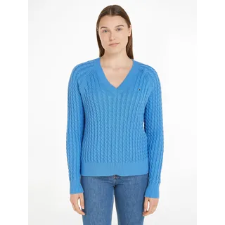 V-Ausschnitt-Pullover TOMMY HILFIGER Gr. XXXL (46), blau (hellblau) Damen Pullover V-Pullover mit Allover Zopfmuster Strick-Design