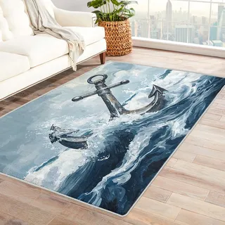 Teppich Mit Ankermotiv - Teppich Wohnzimmer Schlafzimmer Maritim Nautisch, Großer Teppich Blau Meer Wellen, Weich Kurzflor & Waschbar & rutschfest, Kinderteppich, Bettvorleger 120x170 cm