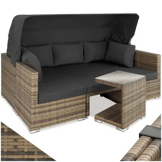 tectake® Rattan Sonneninsel Sitzgruppe, Alu Lounge Möbel Set inkl. Sofa mit Sonnendach, Hocker, Sesseln und Tisch, Outdoor Gartenmöbel, Loungemöbel Balkon & Garten, Terrassenmöbel, wetterfest - Natur