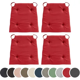sleepling 4er Set Stuhlkissen, 42 (vorne) 35 (hinten) x40x5 cm, Sitzkissen für Stuhl & Bank mit Klettverschluss, Indoor & Outdoor, 100% Baumwolle, Made in EU, waschbar bis 30 Grad, Basic 10, Rot