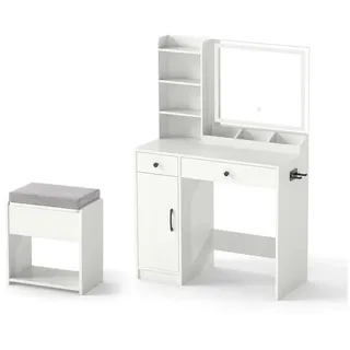 KOMFOTTEU Schminktisch (2-St), mit einstellbaren LED-Lichtern & gepolstertem Hocker weiß