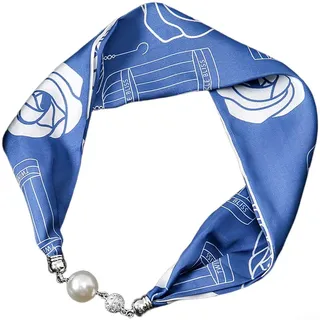 QuivyLivy Damen Schal Halskette mit Magnet-Perlenverschluss, Retro-Blumendruck-Design, simulierter Seidenschal, einfacher Schnappverschluss, tragen (AE)