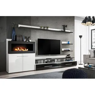JVmoebel Wohnwand Moderne Kommode mit Kamin aus edlem Holz und pflegeleichter Oberfläche, (8-St., 2x TV-Ständer/3x Regal/2x Regal/Kommode), Made in Europa weiß