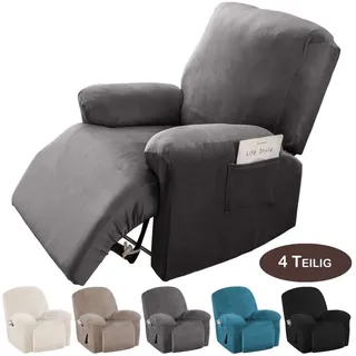BTTO Relaxsesselhusse Sesselhussen Relaxsesselhusse Samt,Stretch Sesselbezug,4 Teile, für Komplett,Fernsehsessel Liege Sessel Im Wohnzimmer,Schlafzimmer grau