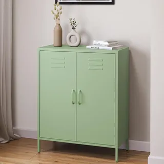 skølm Atria Kommode, mit 3 Fächern, Mintgrün, Metallschrank mit Doppeltüren | Sideboard, Mehrzweckschrank mit flexiblen Einlegeböden, Industrial Highboard, Aufbewahrungsschrank/Flurschrank für Flur