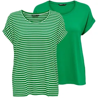 Only Damen O-Neck Top T-Shirt MOSTER 2er Pack Basic Kurzarm Rundhals Shirt Jolly Grün W/ Cd Stripes XS