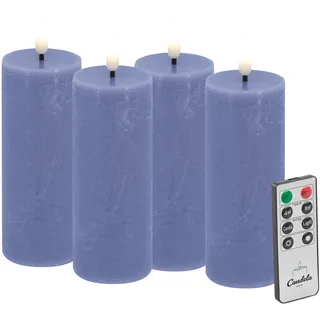 Candela LED Kerzen 4er Set H:10xØ5cm blau rustic Echtwachs mit Fernbedienung Timer Funktion & mehrstufig dimmbar flammenlos Echtwachskerzen Stumpenkerze
