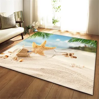 Xisnuient Modern Flächenteppich Sandy Beach Shell Seestern Innenbereich Outdoor Türverkleidung Ozean Strand Meer Wasser Teppich Bodenmatten Wohnzimmer Schlafzimmer Matten Waschbar (Farbe 1,80x120 cm)