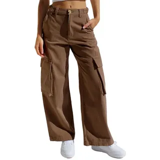 ZWY Gerade Jeans Workerjeans, Straight-Jeans Damen Hoher Taille Jeanshosen (1-tlg) Wide Leg Schlaghose Baggy Cargo Pants(10-tlg) M
