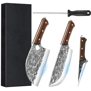 MDHAND Metzgermesser Set 4-teilig Handgeschmiedetes Serbisches Kochmesser Set mit Ausbeinmesser & Hackmesser, Profi Küchenmesserset für Fleisch, BBQ & Outdoor-Camping – Geschenk für Männer