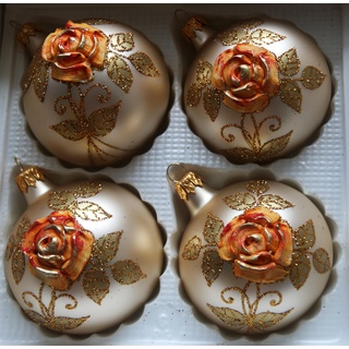 Golde Weihnachtskugeln aus Glas mit orangenen Rosen, mundgeblasen und handverziert - Durchmesser 8 cm 4er Set