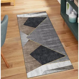 QQrunner Küche Läufer Waschbar rutschfest Grau Braun 100x120CM Teppich Läufer Flur Lang Meterware Geometrisch Teppichläufer Korridor Polyester Wohnzimmer Schmutzfangmatte