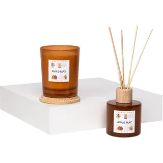 AVA & MAY Barcelona Home Fragrance Set – veganes Set mit Duftstäbchen und Duftkerze – 1 x Diffuser und 1 x Kerze mit hochwertigem Duftöl aus Himbeere, Jasmin und Kandis