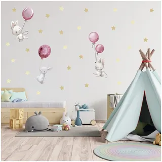 yabaduu Wandsticker personalisiert Sticker Aquarell Tiere mit Name Wandtattoo für Kinderzimmer Babyzimmer Spielzimmer Mädchen Junge Y037 (Nr. 6 Hasen mit Ballons Rosa, Ohne Wunschname)