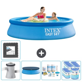 Intex runder aufblasbarer Easy Set-Schwimmpool – 244 x 61 cm – Blau – inklusive Pumpe Abdeckung - Wartungspaket - Filter - Bodenfliesen