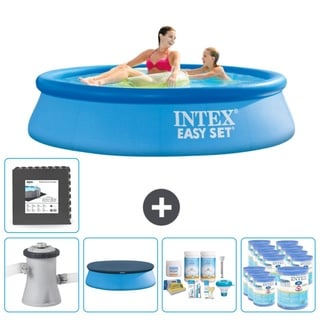 Intex runder aufblasbarer Easy Set-Schwimmpool – 244 x 61 cm – Blau – inklusive Pumpe Abdeckung - Wartungspaket - Filter - Bodenfliesen