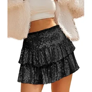 Cresay Damen Niedlicher Pailletten-Rüschenrock, hohe Taille, geschichteter Saum, funkelnder Minirock mit Shorts darunter, Schwarz, Klein - S