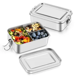 Onader Edelstahl Brotdose mit Fächern 2er Set, 2400ml Groß Bento Box Lunchbox mit Abnehmbar Trennwand, Metall Lunch Box Snackbox für Kinder & Erwachsene, Auslaufsicher & Spülmaschinenfest