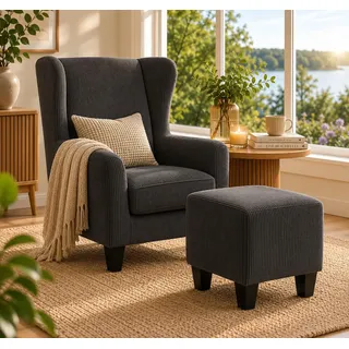 Ohrensessel OTTO HOME "CHILLY, Cord-Bezug, Sessel mit Hocker", grau (anthrazit), B:84cm H:101cm T:84cm, 100% Polyester, Sessel, Ohrensessel, Unser Dauertiefpreis