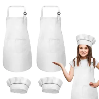 DECARETA 4 Stück Schürze und Kochmütze Set Kinder Kinderschürzen Weiss Küchenschürze Kinderkochschürze Set Verstellbare Gillschürze 4-12 Jahre alt Kinder Backschürze Latzschürze für Kochen Backen - 60 x 45 cm
