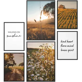 Papierschmiede® XL Mood Poster Set Fields of Gold, Bilder Wohnzimmer Deko Schlafzimmer, 2x DIN A2 (ca. 59x42) und 4x DIN A3 (ca. 30x42), Sonnenblumen Blüten Feldweg Sepia - Wandposter ohne Rahmen