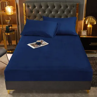 Winter Leintuch 180x200 Blau Marineblau Plüsch Warme Kuschelige Spannbettlaken Bettlaken Boxspringbett Frottee Samt Spannleintuch Uni Bettspanntuch für 180 x 200 Hohe Matratze Hoher Steg bis 25-30 cm