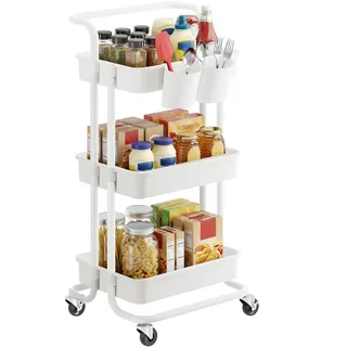 SONGMICS Rollwagen, 3 Ebenen, Servierwagen, Küchenwagen mit Griff, 2 kleine Einhängefächer, 2 Bremsen, Ablagefächer aus Kunststoff, einfacher Aufbau, Schlafzimmer, weiß BSC067W01