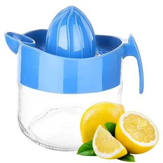 Zitronenpresse aus Glas, Orange, Grapefuit, manuelle Presse, kleine Zitruspresse, Extraktor manuelle Hand mit Griff und Ausgießer, BPA-frei und bleifrei, schweres, kristallklares Glas, 286 ml (blau)