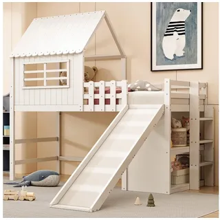 Flieks Hochbett Hausbett Kinderbett 90x200cm mit Rutsche, Leiter und Ablagefach weiß 219 cm x 208 cm x 219 cm