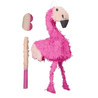 Relaxdays Pinata Flamingo, mit Stab & Maske, Partypinata Kinder, Geburtstag, zum Befüllen, HxBxT: 80 x 40 x 14 cm, pink