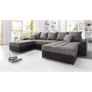 Wohnlandschaft COLLECTION AB "Josy" Sofas Gr. B/H/T: 333 cm x 84 cm x 161 cm, Kunstleder SOFTLUX-Struktur, Recamiere beidseitig montierbar, XXL-mit Bettfunktion-mit Bettkasten, schwarz (schwarz, grau) Wohnlandschaften inkl. Bettfunktion, Bettkasten und Zierkissen, mit 2 XXL-Recamieren