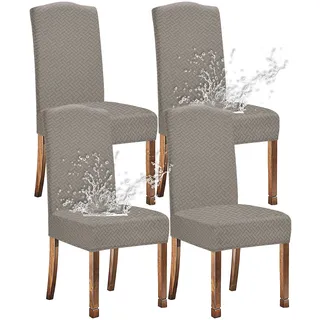 KELUINA Stretch wasserdichte Jacquard mit langem Gitter Esszimmer Stuhlhussen Home Decor, Stuhlhussen für Esszimmerstühle(Taupe,4 Stück)